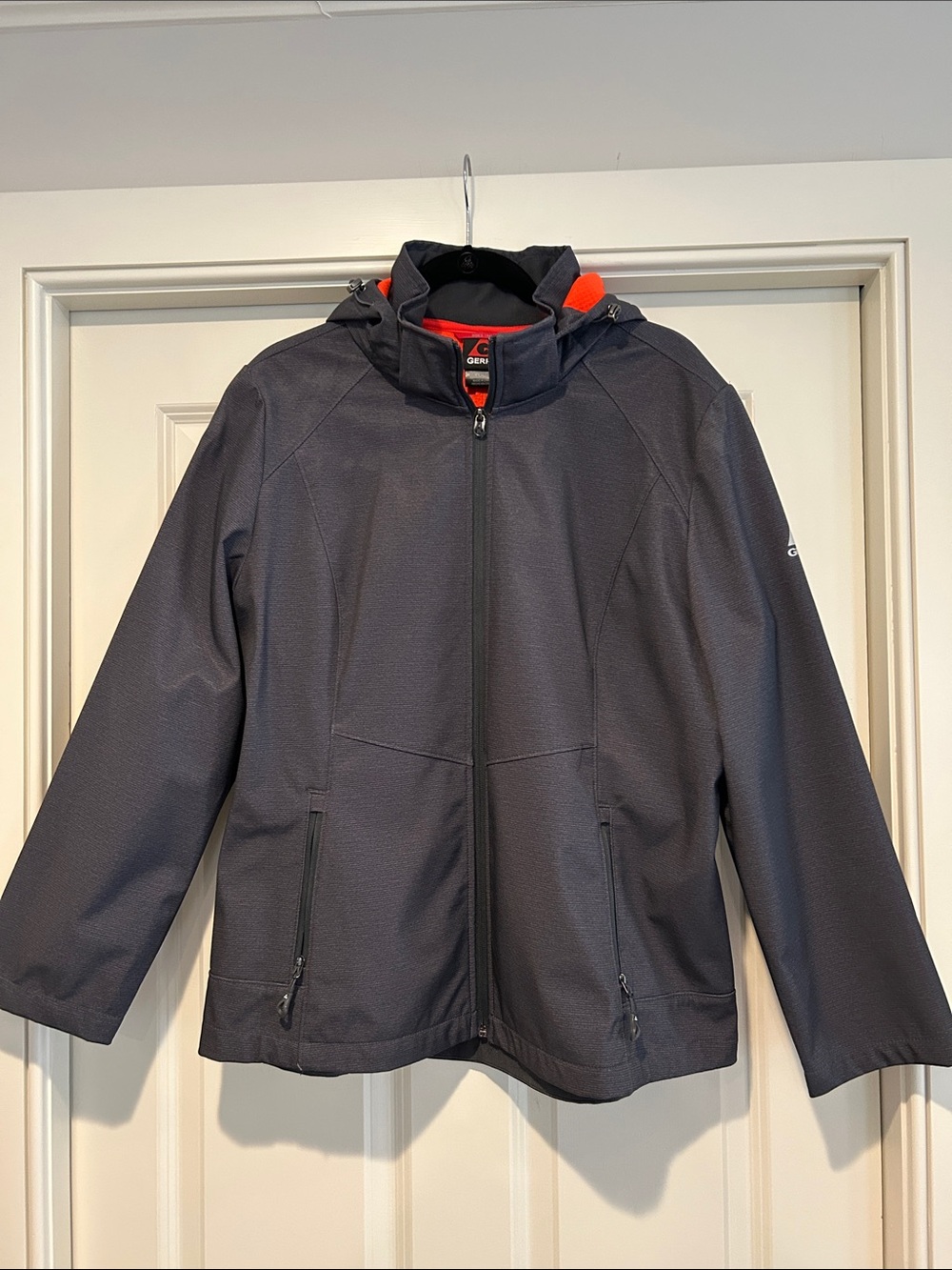 Women’s Hooded Softshell Jacket - Charcoal with Orange Trim